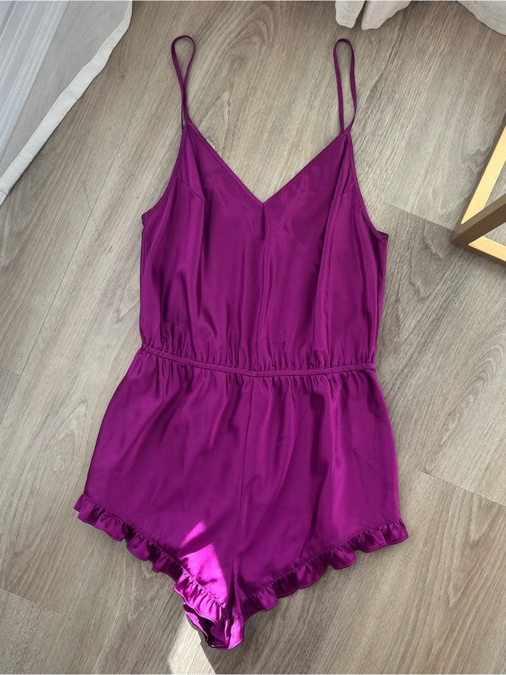 Fleur du Mal Purple Satin Romper with Ruffle Hem